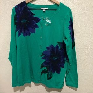 Isaac Mizrahi Live Green Cardigan with Blue Floral Detail 1X